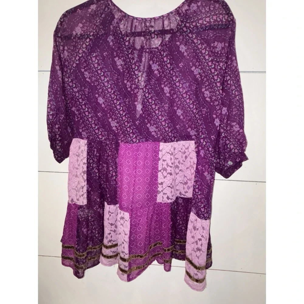 Free People Whimsical Purple Patchwork Boho  Top S/M